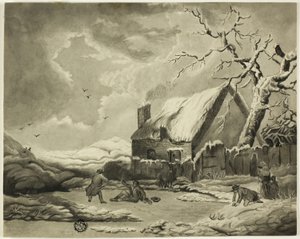 Winterscène met Mensen Buiten een Huisje bij een Vijver door Unknown artist