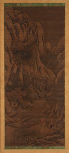Winterlandschap: heuvels en rivier; figuren van reizigers te paard door Unknown artist