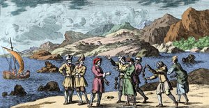 Hekserij en overtuigingen: Finnen en Sami die een storm oproepen door de magie van drie knopen. Gravure uit 