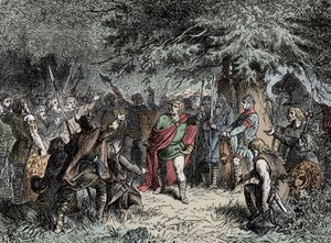 Widukind roept zijn Saksen op tot de wapens - Widukind van Saksen (circa 750-810) roept de Saksen op om de wapens op te nemen tegen de Frankische invasie van Karel de Grote in 777