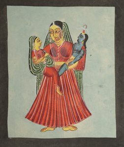 Yasoda houdt Krishna en Radha vast