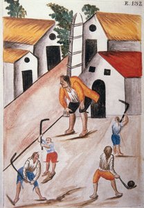 Jonge indianen spelen bal, uit het boek "Trujillo del Peru" of "Códice Martínez Compañón", door Baltazar Martinez Compañón y Bujanda, bisschop van Trujillo (1782-1785)