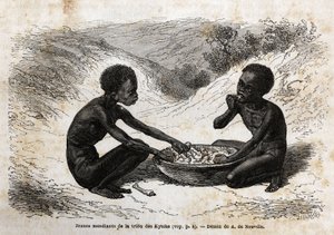 Jonge bedelaars van de Kychi-stam (gelegen in de regio van de Boven-Nijl) die een maaltijd ruilen voor een paar bundels. Gravure ter illustratie van de reis naar het Albertmeer