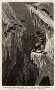 Jonge eskimo vangt Arctische pinguïns. Gravure ter illustratie van de reis naar de vrije zee van de Noordpool, door dokter Hayes, chirurg van de Amerikaanse marine, in 1860-1862, gepubliceerd in 