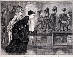 Jonge vrouwen die bowlen, in de Verenigde Staten, circa 1870 - gravure door Unknown artist