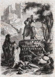 Zerbin op de brandstapel, bevrijd door Roland - gravure van 1851 uit 