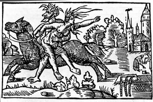 De duivel neemt een heks van een paard en brengt haar naar de hel. Houtsnede uit de 16e eeuw door Unknown artist