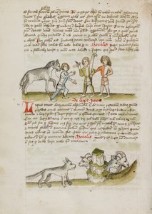 Een man leidt een paard naar twee andere mannen; een wolf voor een kudde schapen en rammen