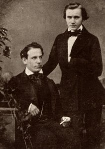 Johannes Brahms (1833-1897) Duitse componist, staand, met de Hongaarse violist Eduard Remenyi (1828-1898), met wie hij op tournee ging (halftoon van een foto) door Unknown photographer