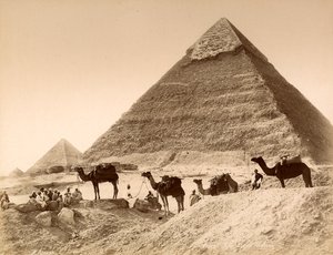Mannen en kamelen voor de piramide van Chefren