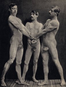 De Eed van de Horatii, pose drie naakte mannen die een eed afleggen. Fotografie, eind 19e eeuw, Parijs. Collectie Selva door Unknown photographer