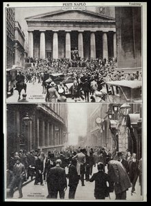 Boven: Zwarte Dagen op Wall Street; Onder: de Beurs in Londen ten tijde van de Crash in 1929, uit 