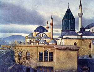 Zicht op het Mevlana Mausoleum in Konya (Turkije). Mevlana Celaleddin Rumi is de oprichter van de Orde van de Draaiende Derwisjen. Autochroom