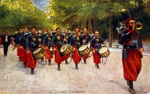 Propaganda ansichtkaart uit de Eerste Wereldoorlog. circa 1916. met Noord-Afrikaanse zoeaven soldaten