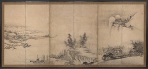 Chinese paviljoens in een landschap door Unkoku Toeki