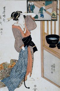 Uur van de tijger, zevende uur van de ochtend, ca. 1818, Ukiyo-e kunstprent door Utagawa Kunisada uit De twaalf uren in Yoshiwara (houtsnede)