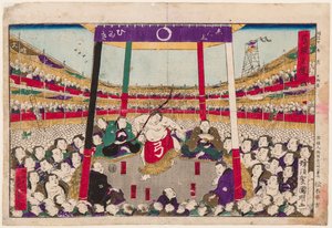 Boogceremonie (boogdans) na het laatste sumogevecht van de dag door Utagawa  Kuniaki