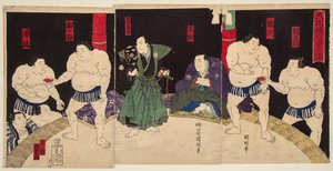 Gevecht van de sumoworstelaars Umegatan en Sakaigawa door Utagawa  Kuniaki