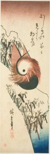 Een mandarijneend op een besneeuwde oever door Utagawa Hiroshige