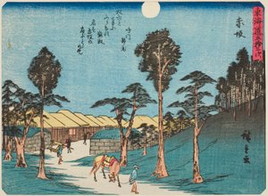 Akasaka, uit de serie "Drieënvijftig Stations van de Tokaido (Tokaido gojusan tsugi)," ook bekend als de Tokaido met Gedicht (Kyoka iri Tokaido) door Utagawa Hiroshige