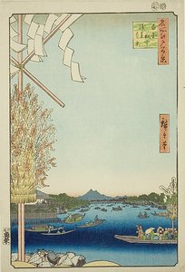 Asakusa River, Great Riverbank, Miyato River (Asakusagawa Okawabata Miyatogawa), nr.60 uit de serie "Honderd beroemde vergezichten van Edo (Meisho Edo hyakkei)". door Utagawa Hiroshige