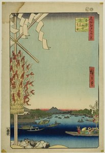 Asakusa River, Great Riverbank, Miyato River (Asakusagawa Okawabata Miyatogawa), uit de serie "One Hundred Famous Views of Edo (Meisho Edo hyakkei)". door Utagawa Hiroshige