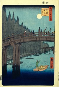Bamboekade bij Kyobashi-brug. Honderd beroemde uitzichten van Edo door Utagawa Hiroshige