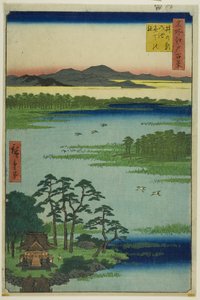Benten Shrine en Inokashira Pond (Inokashira no ike Benten no yashiro), uit de serie "One Hundred Famous Views of Edo (Meisho Edo hyakkei)". door Utagawa Hiroshige