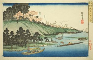 Kersenbloesems in volle bloei langs de Sumida-rivier (Sumidagawa hanazakari), uit de serie "Beroemde plaatsen in Edo (Koto meisho)"
