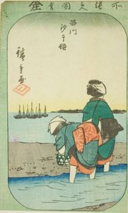Schelpengraven bij eb in Shinagawa (Shinagawa shiohigari), deel van een blad uit de serie "Uitgeknipte afbeeldingen van beroemde plaatsen in Edo (Edo meisho harimaze zue)" door Utagawa Hiroshige