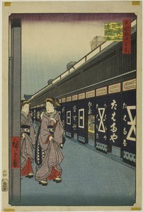 Cotton-goods Lane, Odenma-cho (Odenma-cho momendana), uit de serie "One Hundred Famous Views of Edo (Meisho Edo hyakkei)".
