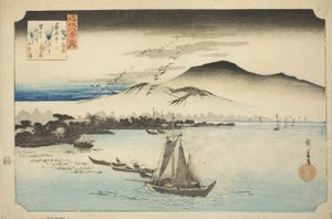 Neerdalende ganzen bij Katada (Katada rakugan), uit de serie "Acht gezichten van Omi (Omi hakkei no uchi)" door Utagawa Hiroshige