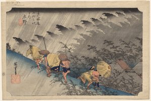 Regenbui bij Shono (Station 46) uit de serie Drieënvijftig Stations van de Tokaido door Utagawa Hiroshige