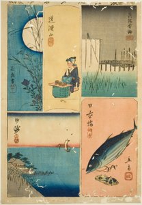 Eitai-brug, Nihon-brug, Susaki, Bloementuin, en Dokan-heuvel (Eitaibashi, Nihonbashi, Susaki, Hanayashiki, Dokanyama), uit de serie "Uitknipsels van beroemde plaatsen in Edo (Harimaze Koto meisho)"