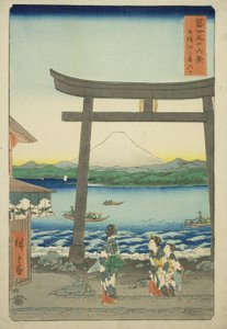 Ingang naar Enoshima in de Provincie Sagami (Sagami Enoshima iriguchi), uit de serie "Zesendertig Zichten op de Berg Fuji (Fuji sanjurokkei)"