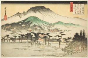Avondklok bij Mii-tempel (Mii bansho), uit de serie "Acht Zichten van Omi (Omi hakkei no uchi)" door Utagawa Hiroshige