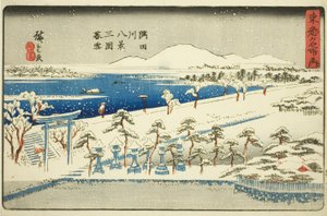 Avondsneeuw bij Mimeguri, Acht Zichten op de Sumida Rivier (Sumidagawa hakkei, Mimeguri bosetsu), uit de serie "Beroemde Plaatsen in de Oostelijke Hoofdstad (Toto meisho no uchi)"