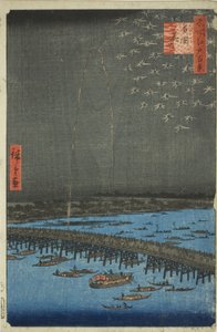 Vuurwerk bij Ryogoku (Ryogoku hanabi), uit de serie "Honderd Beroemde Zichten van Edo (Meisho Edo hyakkei)" door Utagawa Hiroshige