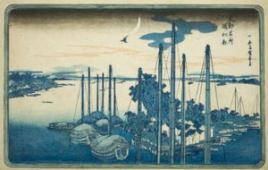 Eerste koekoek van het jaar op Tsukuda-eiland (Tsukudajima, hatsu hototogisu), uit de serie "Beroemde uitzichten van de oostelijke hoofdstad (Toto Meisho)" door Utagawa Hiroshige