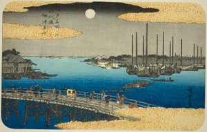 Vissersboten bij Eitai-brug in Tsukuda-baai (Eitaibashi Tsukuda oki isaribune), uit de serie "Beroemde plaatsen in Edo (Edo meisho no uchi)" door Utagawa Hiroshige