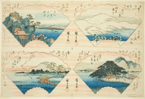 Vier Zichten uit de serie Acht Zichten van Omi (Omi Hakkei) door Utagawa Hiroshige