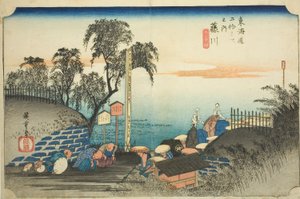 Fujikawa: Uitzicht op de buitenwijken van het poststation (Fujikawa, bohana no zu), uit de serie "Drieënvijftig stations van de Tokaido (Tokaido gojusan tsugi no uchi)," ook bekend als de Hoeido Tokaido door Utagawa Hiroshige