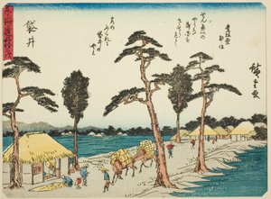 Fukuroi, uit de serie "Drieënvijftig stations van de Tokaido (Tokaido gojusan tsugi)," ook bekend als de Tokaido met gedicht (Kyoka iri Tokaido)
