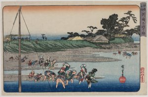 Schelpdieren verzamelen bij eb in Susaki, uit de serie Beroemde plaatsen in Edo, midden 1830s