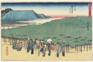 Reusachtige den van Naniwaya in Anryu-machi, ca. 1834