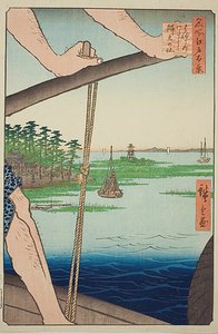 Haneda veerboot en Benten heiligdom (Haneda no watashi Benten no yashiro), nr.72 uit de serie "Honderd beroemde vergezichten van Edo (Meisho Edo hyakkei)". door Utagawa Hiroshige