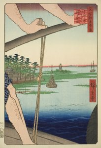 Haneda-veerboot en Benten-schrijn, uit de serie "Honderd beroemde uitzichten van Edo" door Utagawa Hiroshige