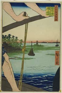 Haneda veerboot en Benten heiligdom (Haneda no watashi Benten no yashiro), uit de serie "Honderd beroemde vergezichten van Edo (Meisho Edo hyakkei)". door Utagawa Hiroshige