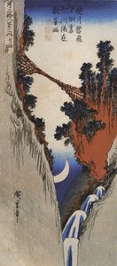 Hiroshige, Een brug over een diepe kloof door Utagawa Hiroshige