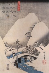 Hiroshige, Een brug in een besneeuwd landschap door Utagawa Hiroshige